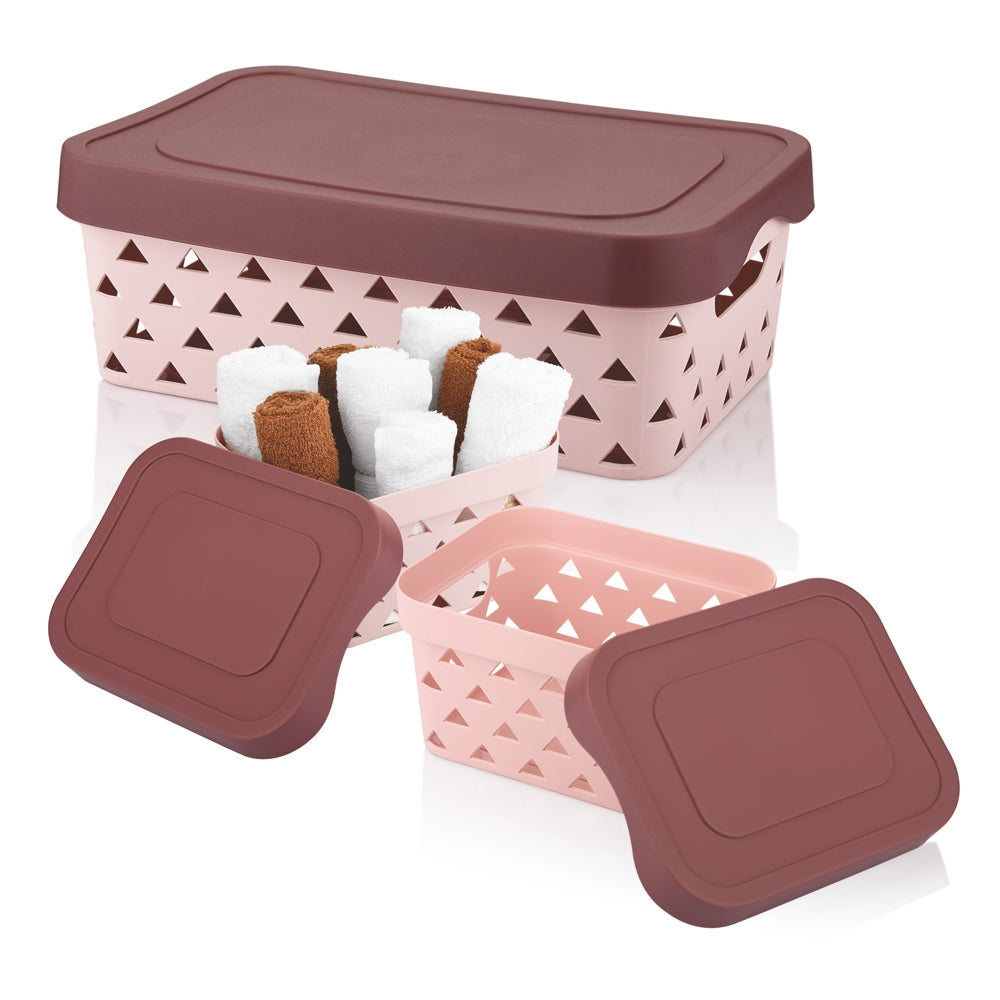 Asian Multi Star Rectangular Basket With Lid (Pastel Pink) 3 Piece - 1 U