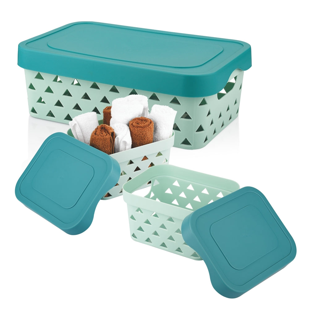 Asian Multi Star Rectangular Basket With Lid (Pastel Blue) 3 Piece - 1 U