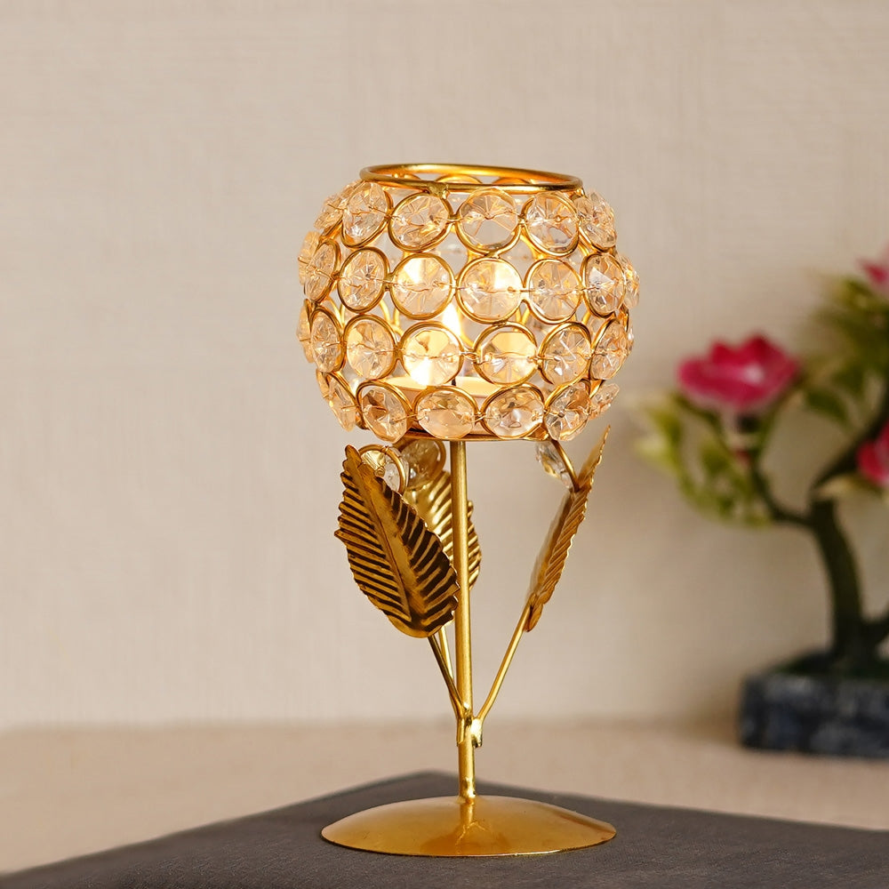Ecraftindia Crystal Rose Shaped Flower Tea Light Candle Holder Golden - 1 U