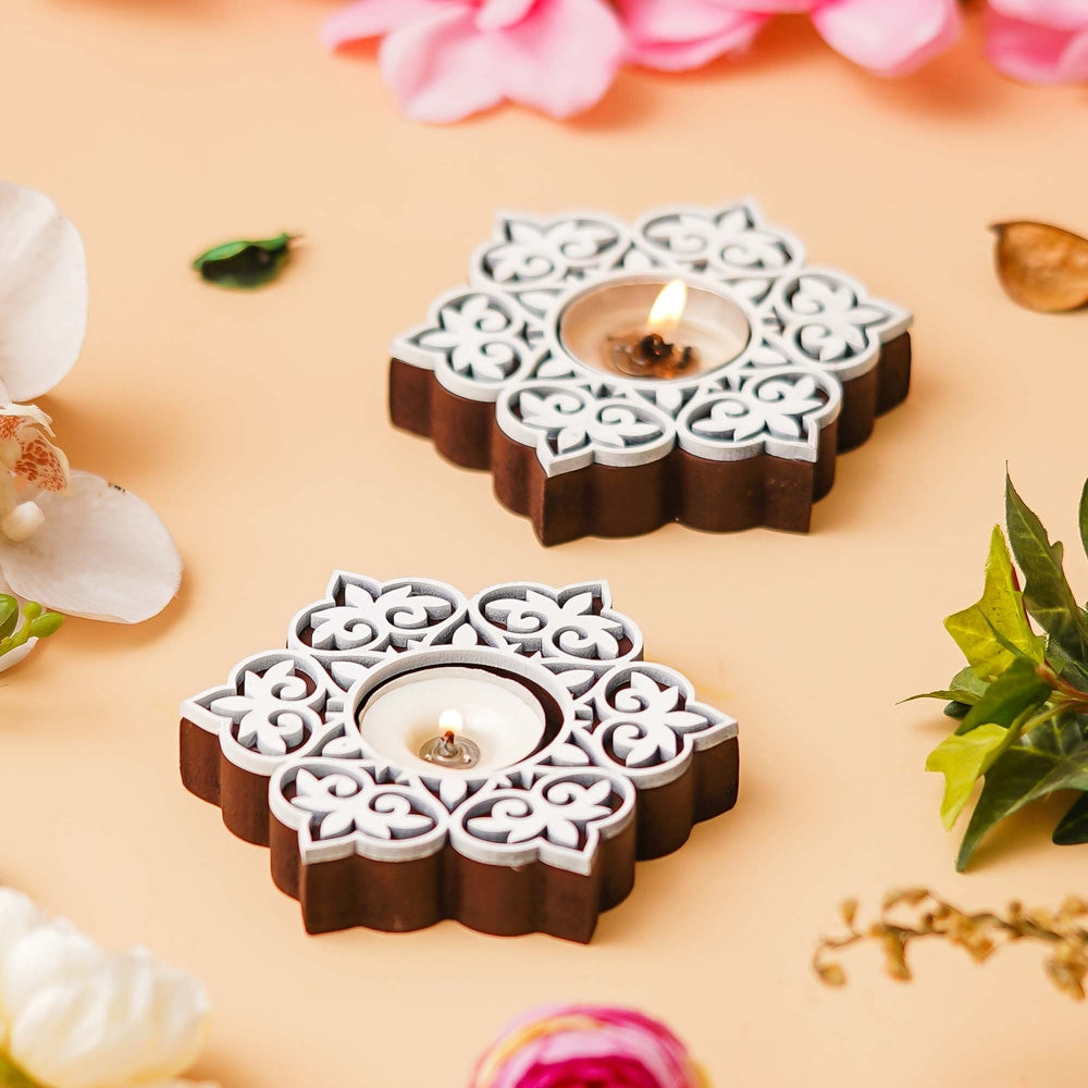 Ecraftindia Wooden Floral Tea Light Candle Holders - Set of 2 - 2 U