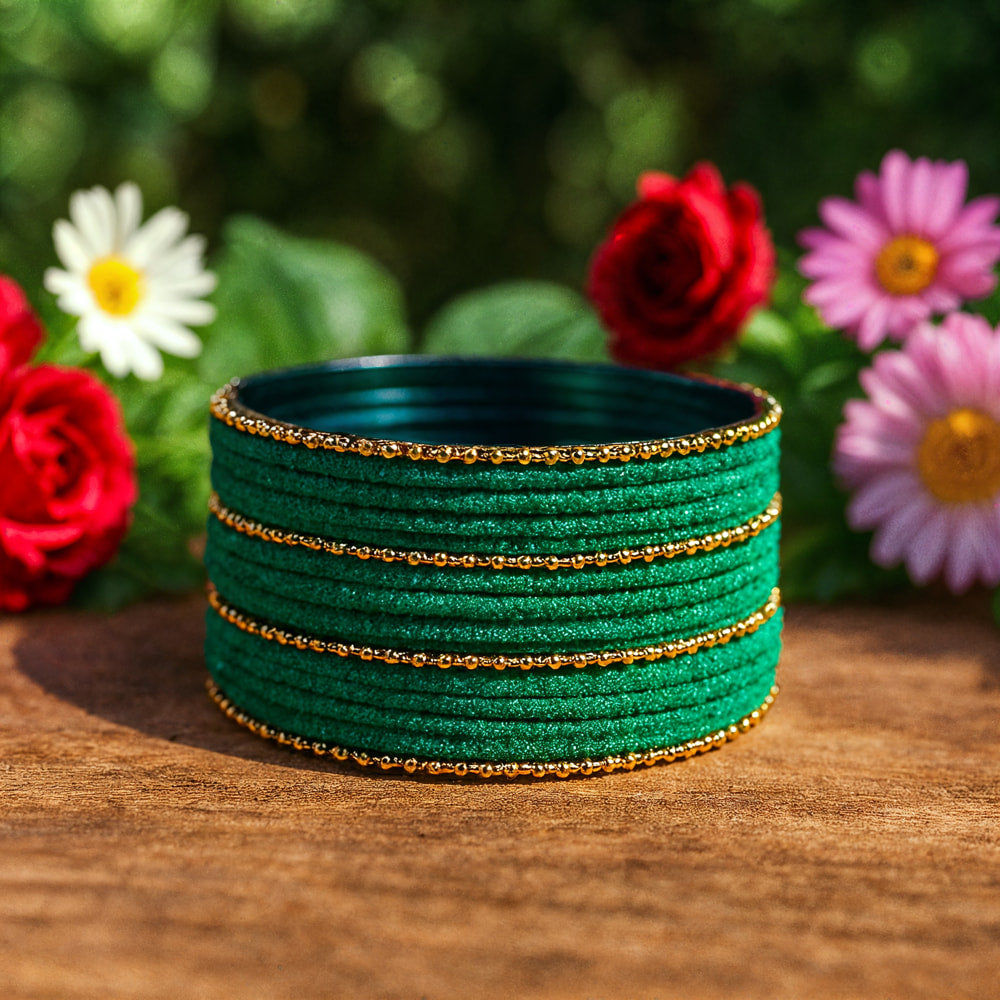 House Of Festival Green & Gold Metal Velvet Bangles Set Of 16 - Size 2.8 - 1 Unit