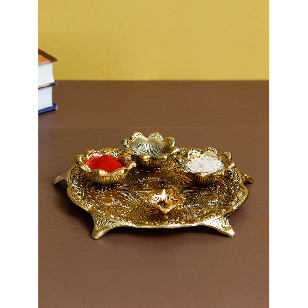 eCraftindia Metal Swastik Designer Pooja Thali With Bowls Diya - Golden - 1 U