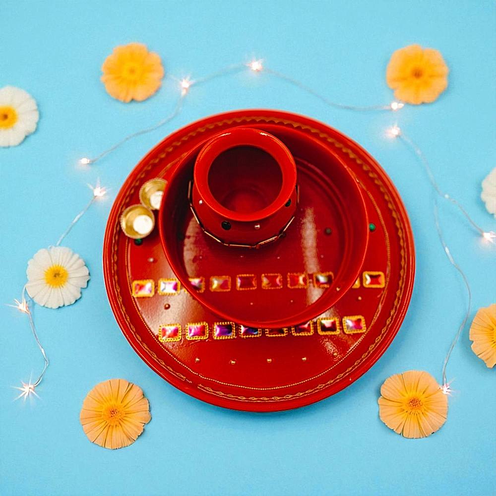House Of Festivals Red & Beautiful Gold Karvachauth Thali Set - 1 Unit