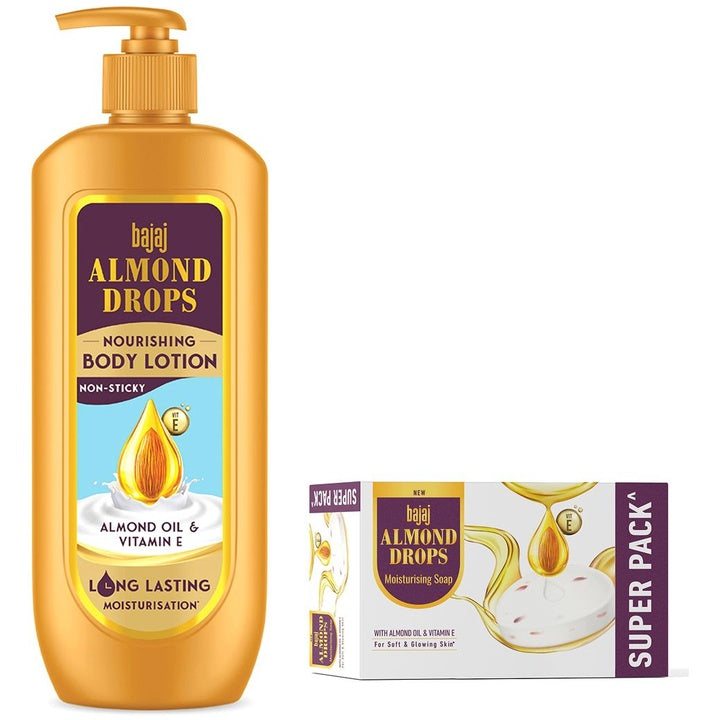 BAJAJ CONSUMER CARE Almond Drops Body Lotion 600 ml + Set of 5 Soaps 125 g Each