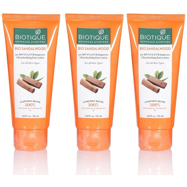 Biotique Set of 3 Sun Shield Sandalwood 50+SPF Ultra Protective Sunscreen Lotion 50ml each