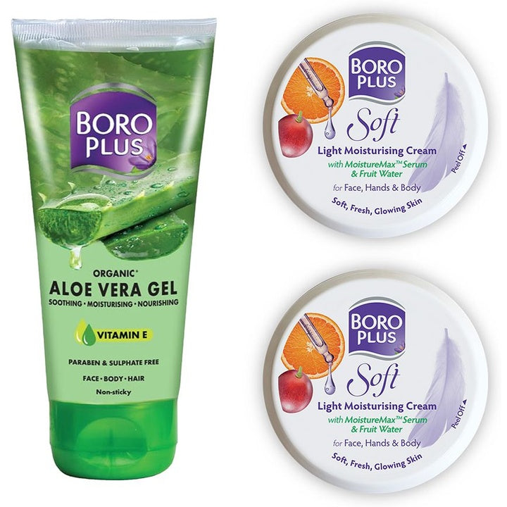 BOROPLUS Set of 1 Organic Aloe Vera Gel 200ml & 2 Soft Ayurvedic Antiseptic Cream 300ml