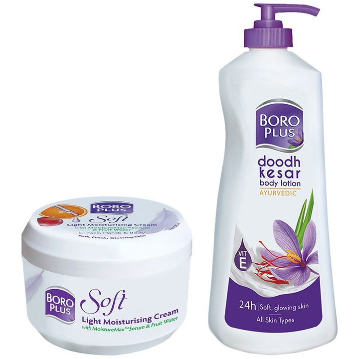 BOROPLUS Set of Soft Light Moisturising Cream 200 ml & Doodh Kesar Body Lotion 400 ml