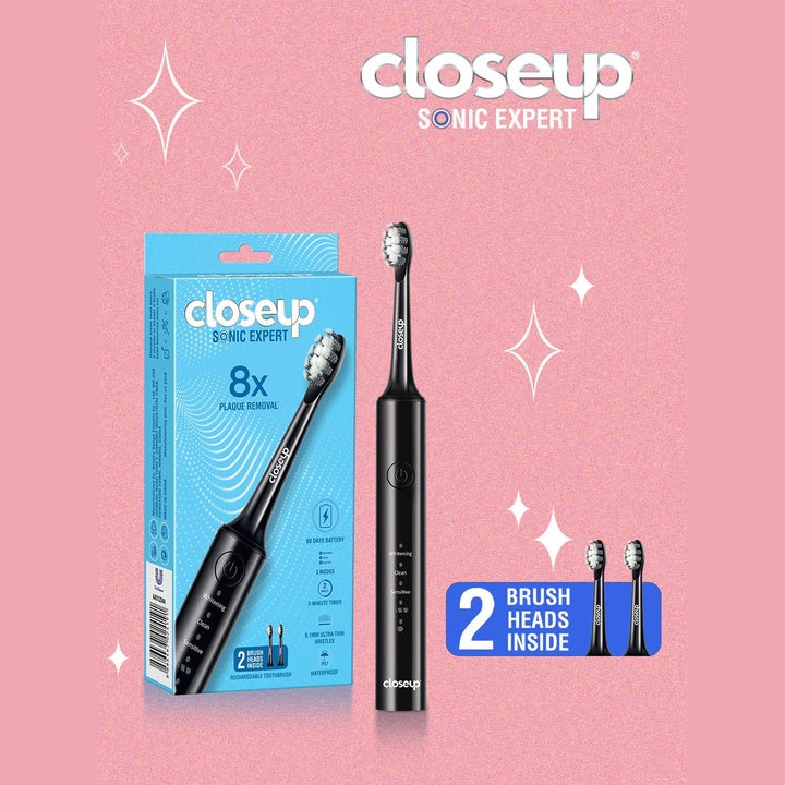Closeup Sonic Expert 8x Plaque Removal Electric Toothbrush & 2 Replaceable Heads - Black