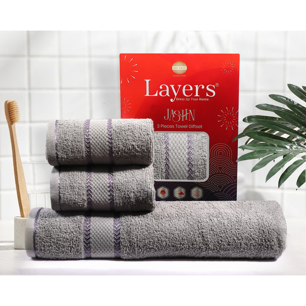 Layers Jashn 100% Cotton Towel Set 380 GSM (Grey) 1 Bath Towel + 2 Hand Towels - 1 U
