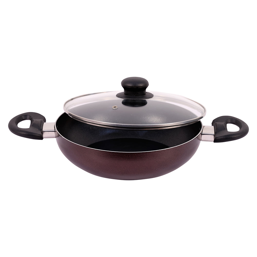 Bombay Kookware Non-stick Kadai With Glass Lid- Maroon - 24 cm