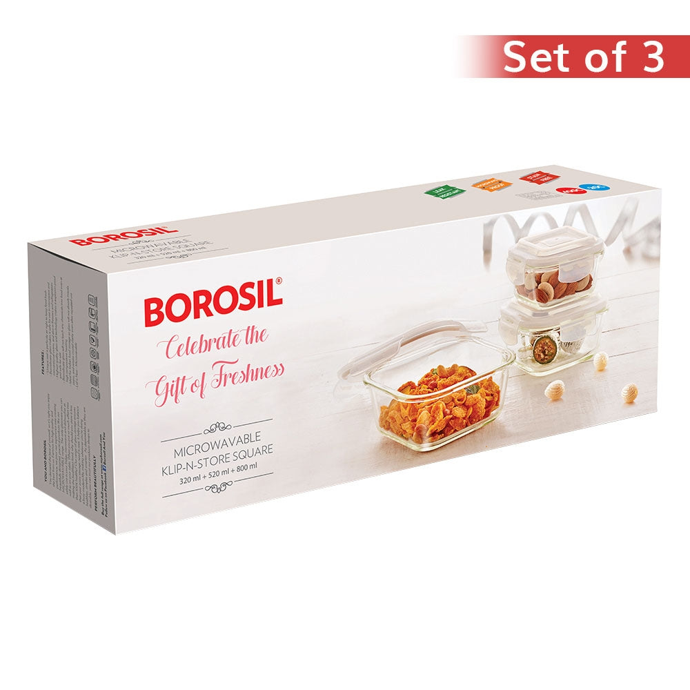 Borosil Klip N Store Square Glass Container - Set of 3 - 3 U
