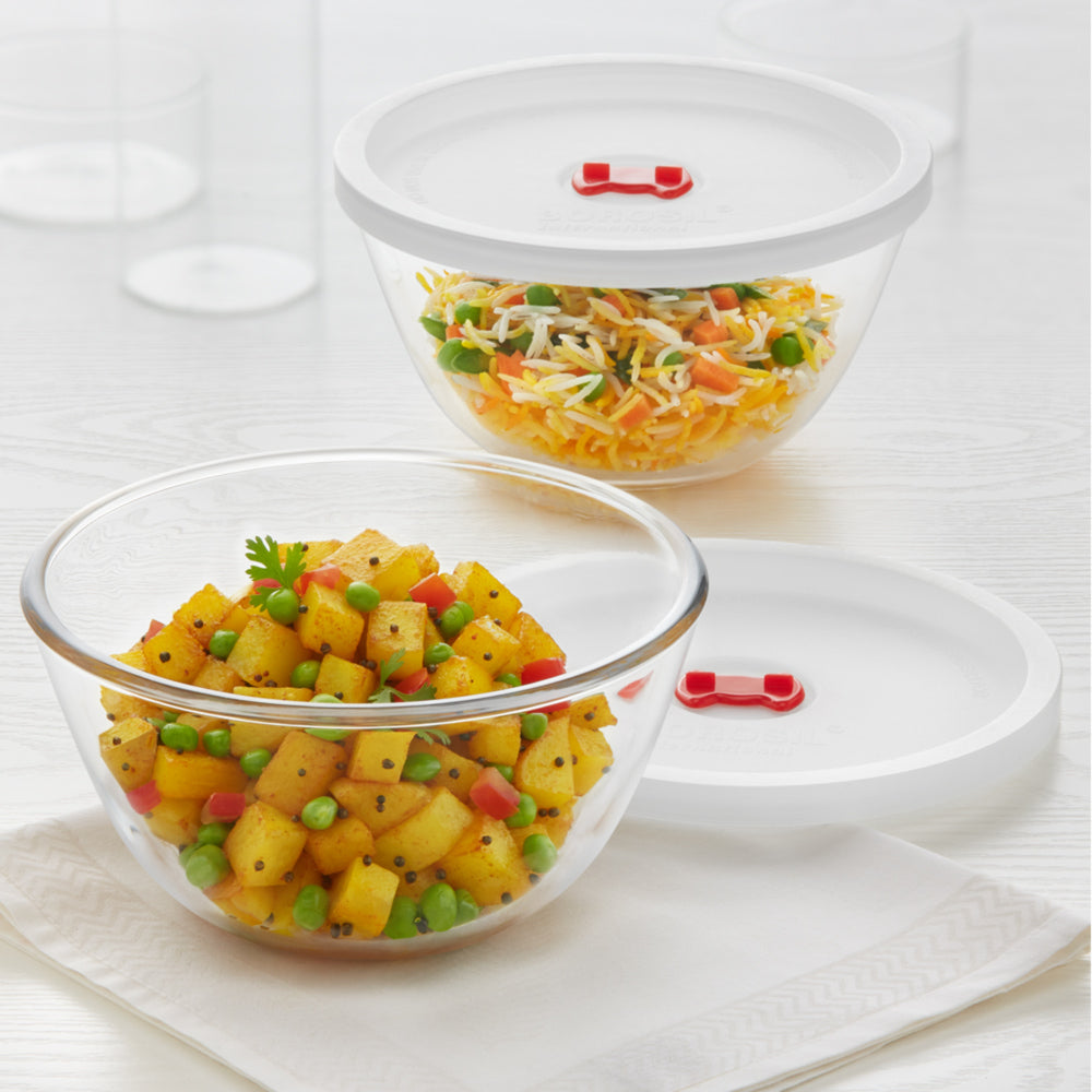 Borosil Tuff Round Glass Bowl With Lid (1 Liter) - Set Of 2 - 1 Unit