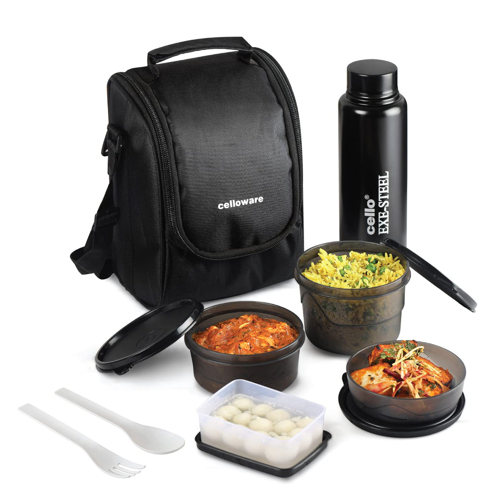 Cello MF All In One Lunch Box With Carry Bag & Bottle (Black) - Set Of 5 - 1 Unit