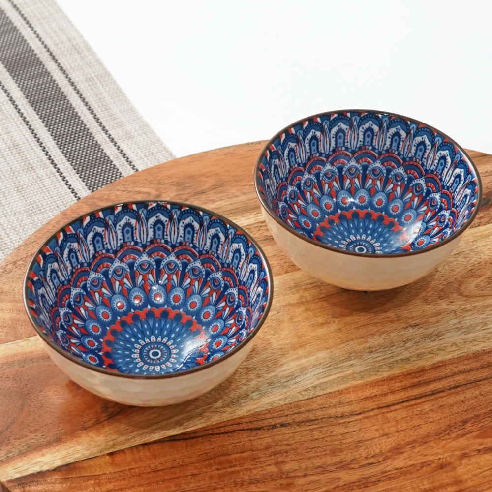 Femora Ceramic Bowl D3 (White & Blue) 315 ml - Set of 2 - 1 Unit