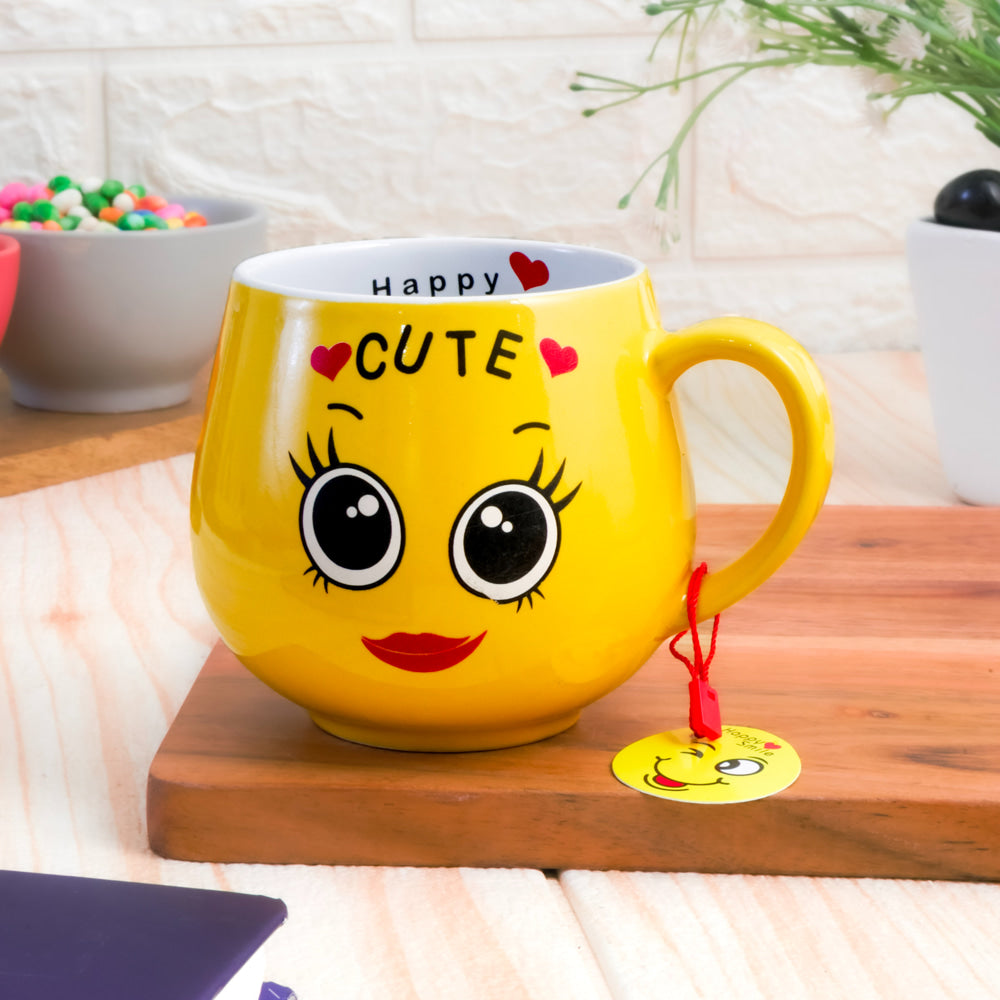 Femora Ceramic Cute Face Emoji Coffee Mug (Yellow) - 380 ml - 1 Unit