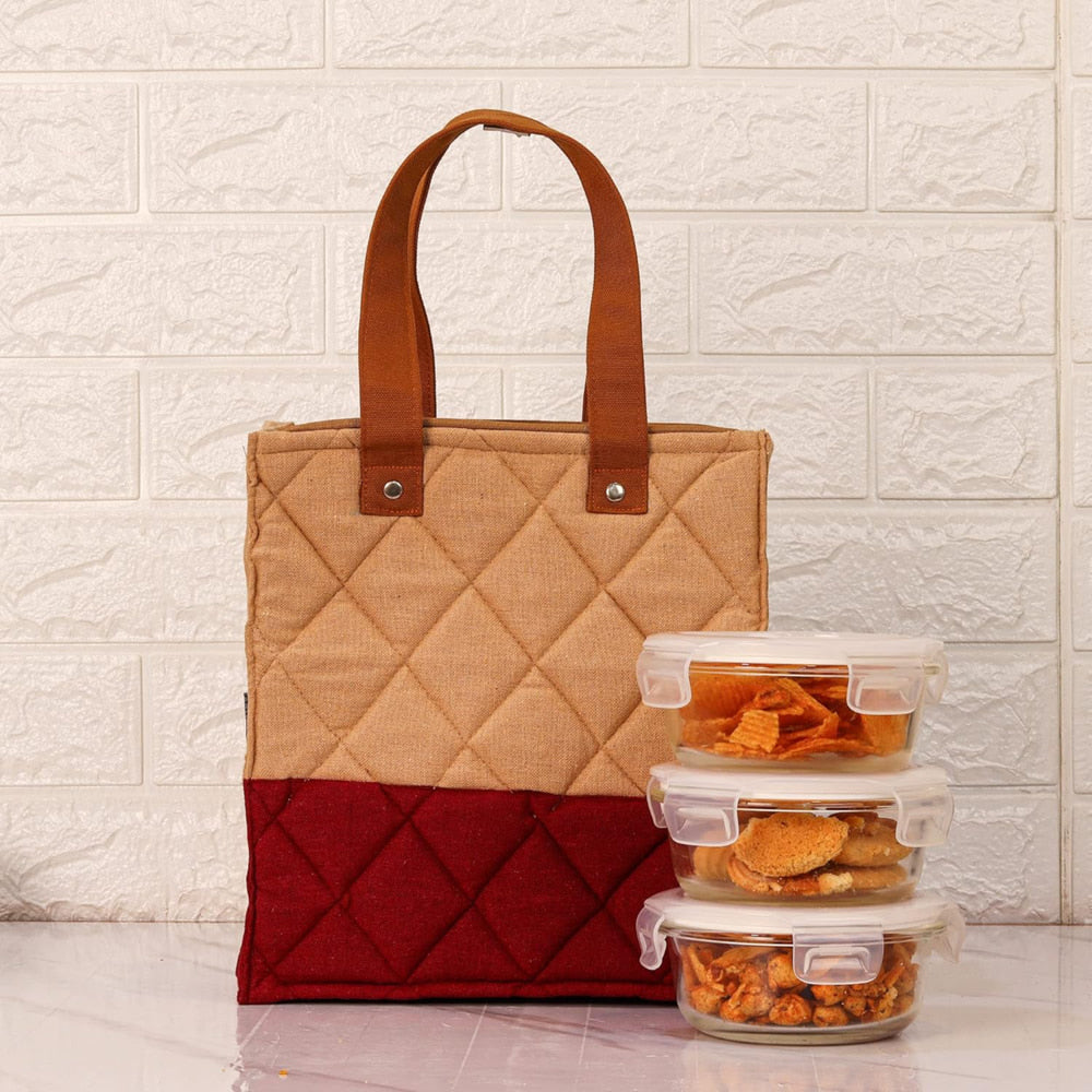 Femora Glass Lunch Box With Carry Bag (Maroon) - Set Of 3 - 1 Unit