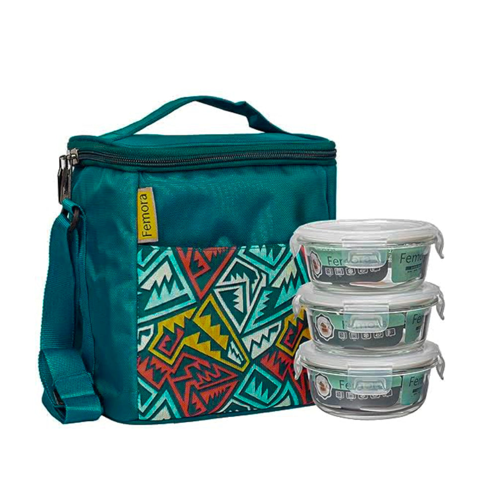 Femora Glass Round Three Lunch Box With Carry Bag - (Blue) - 1 Unit