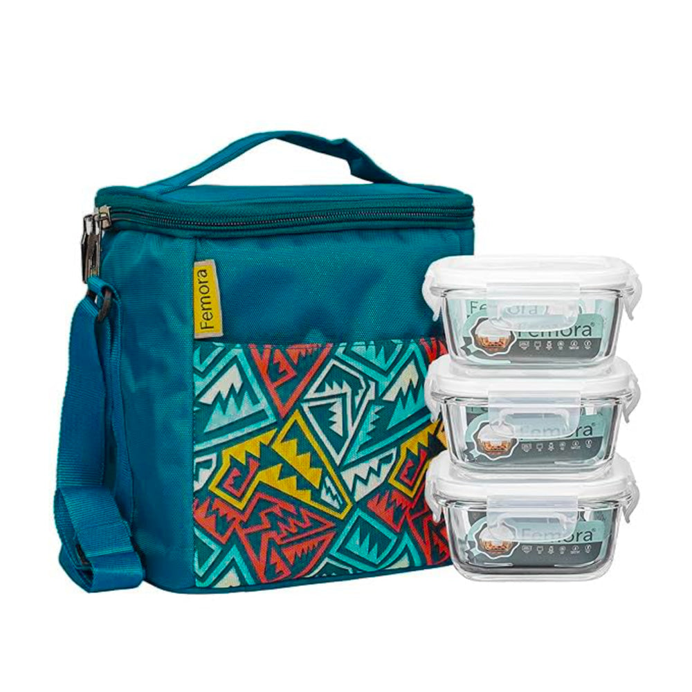 Femora Glass Square Three Lunch Box With Carry Bag - (Blue) - 1 Unit