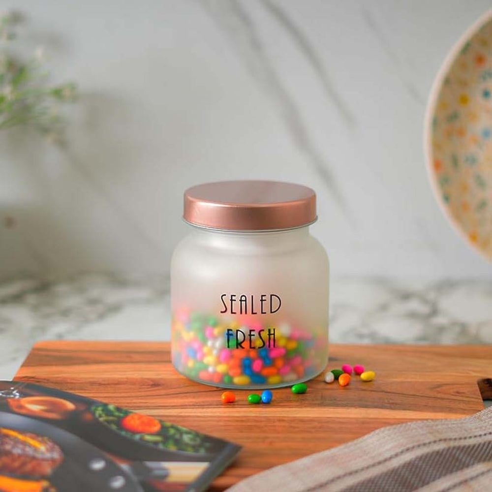 Femora Kitchen Storage Glass Jar With Steel Golden Lid - 700 ml