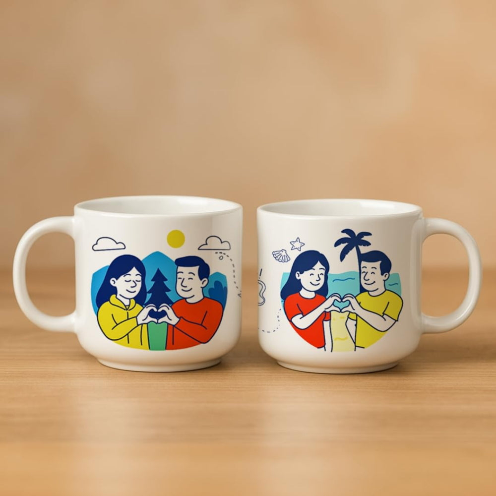 Fermora Ceramic Couple Mug (D2) - 350 ml (Off White) Set Of 2 - 1 Unit