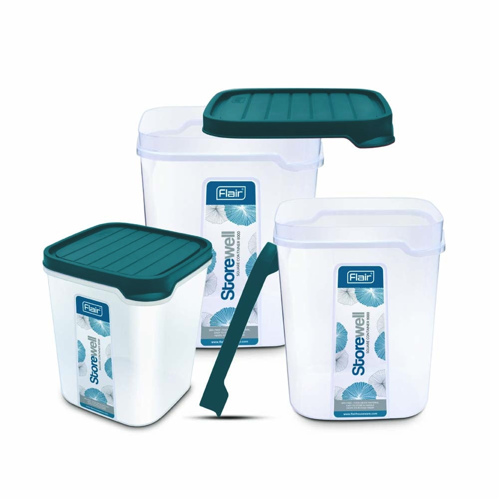 Flair Storewell Square Plastic Container (Blue) - Set Of 3 - 1 U