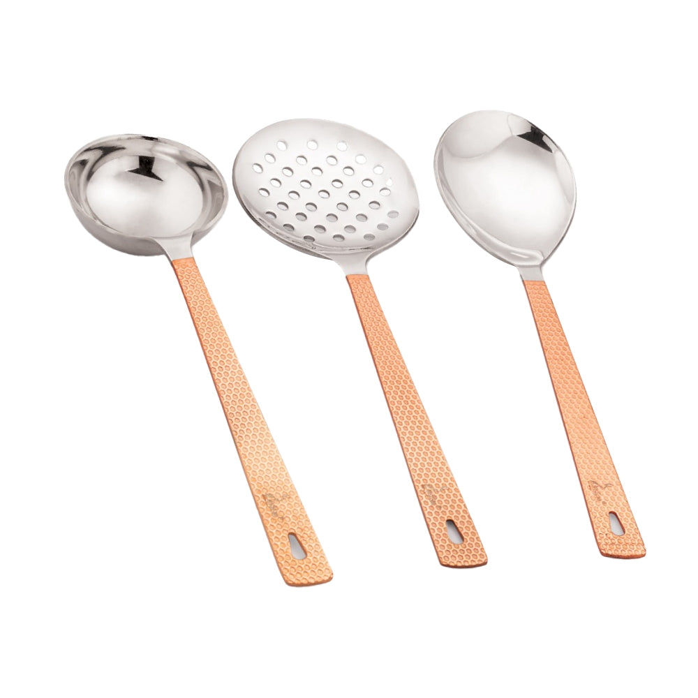 Indigo Metalware Stainless Steel Serving Spoons Coper Hammered Handle - 3 U