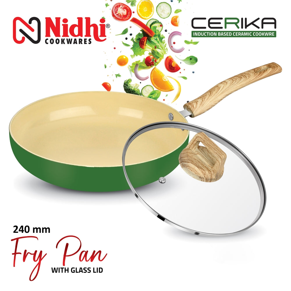 Nidhi Ceramic Fry Pan With Glass Lid - Green (24 cm) - 1 U