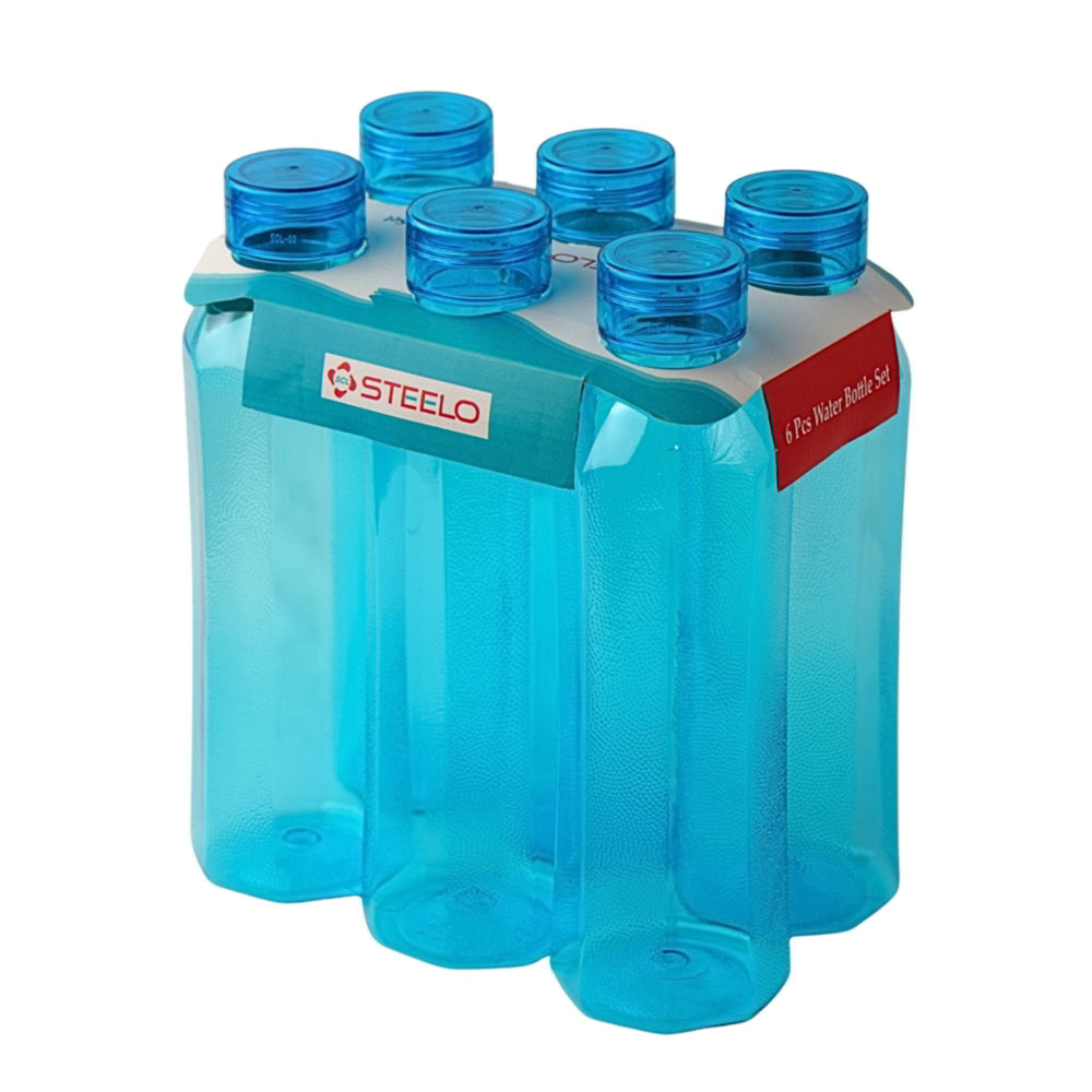 Steelo Hexa Plastic Water Bottle (1 Liter) Blue - Set Of 6 - 1 Unit