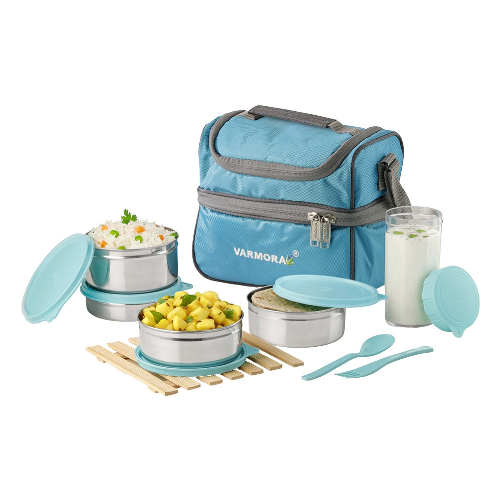 Varmora Stainless Steel Classic Lunch Box - Cyan Blue - 4 U