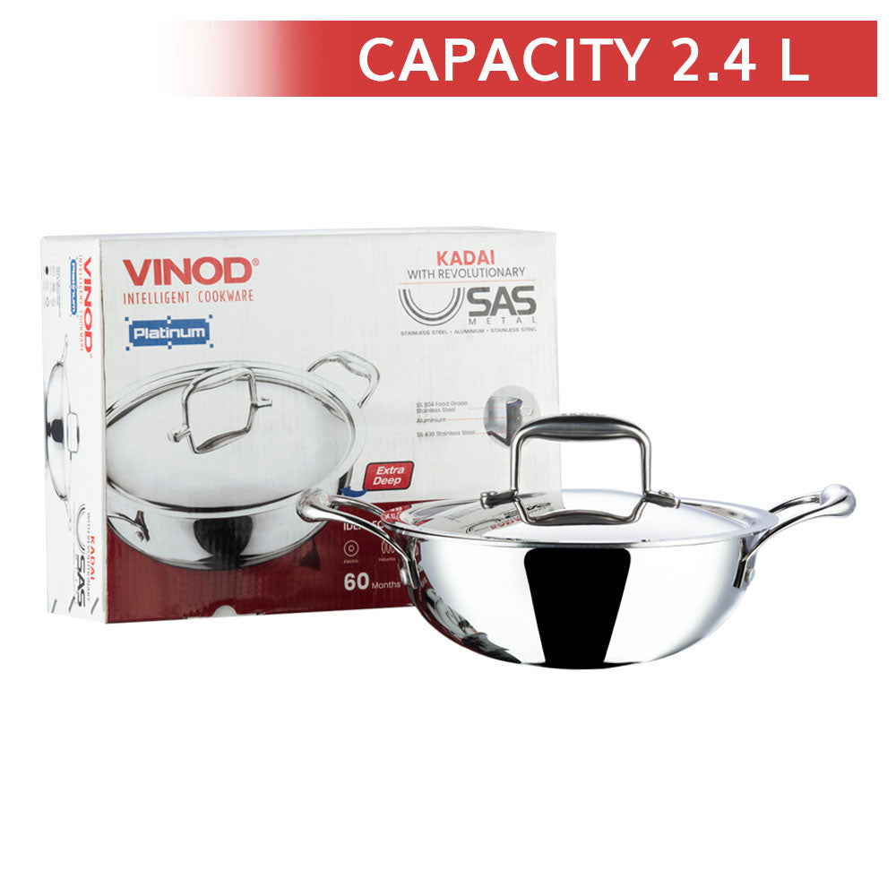 Vinod Platinum Stainless Steel Triply Kadai With Lid (22 cm) - 2.4 L