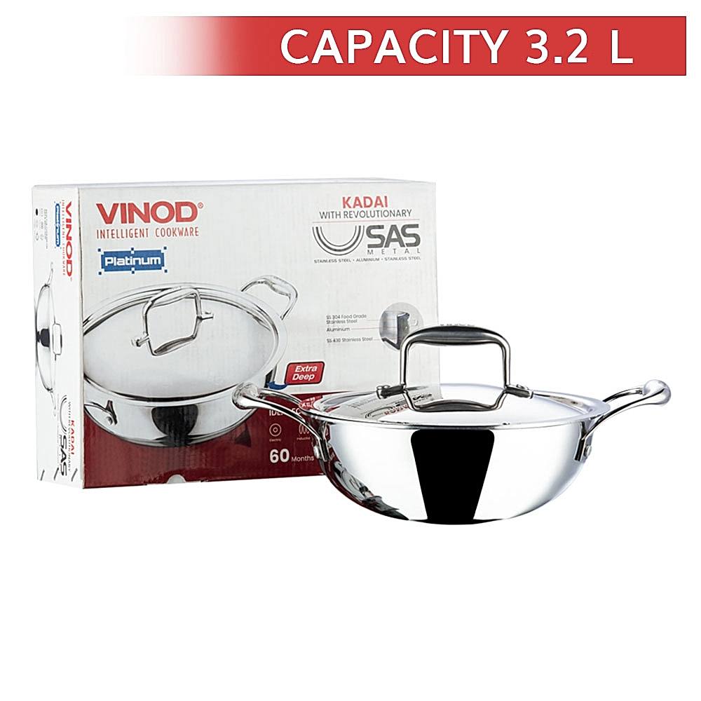 Vinod Platinum Stainless Steel Triply Kadai With Lid (24 cm) - 3.2 L