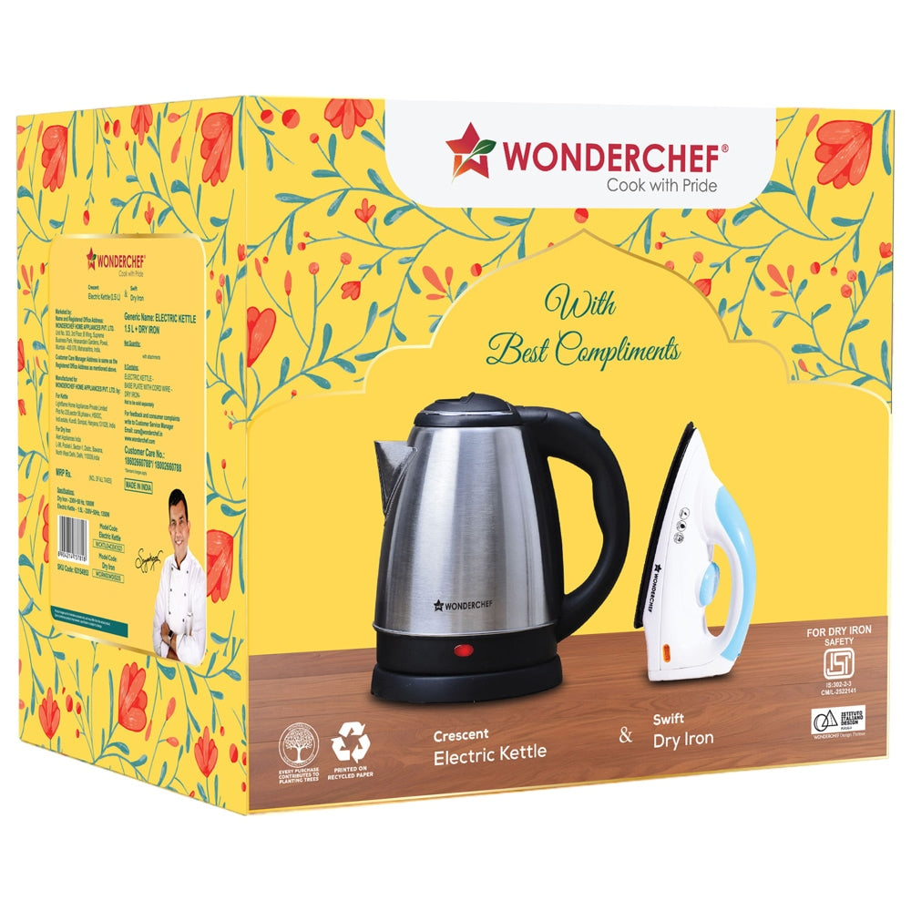Wonderchef Crescent Electric Kettle 1.5 L + Swift Dry Iron 1000 W - 1 U