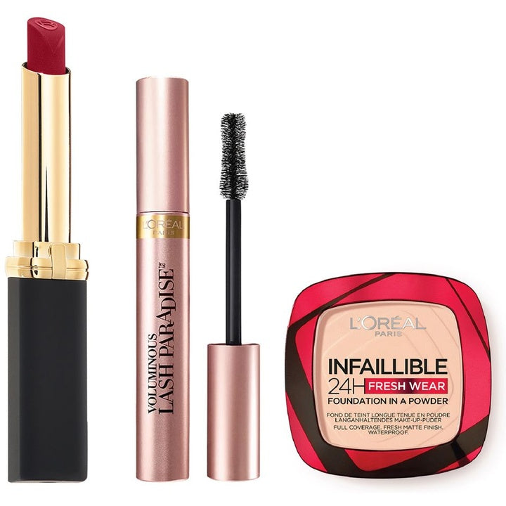 LOreal Paris Set of Color Riche Lipstick & Voluminous Lash Mascara with Powder Foundation