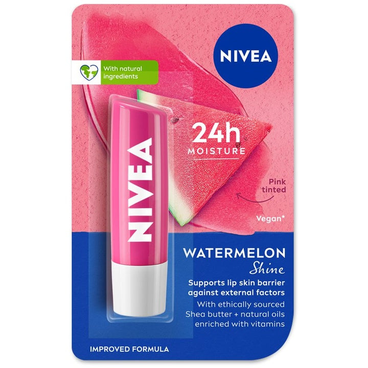 Nivea Caring Lip Balm - Watermelon Shine 24h Moisture with Natural Oils, Pink Shine 4.8 g