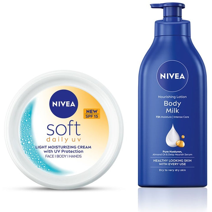 Nivea Set of Body Milk Body Lotion 600ml & Soft Daily UV Light Moisturising Cream 200ml