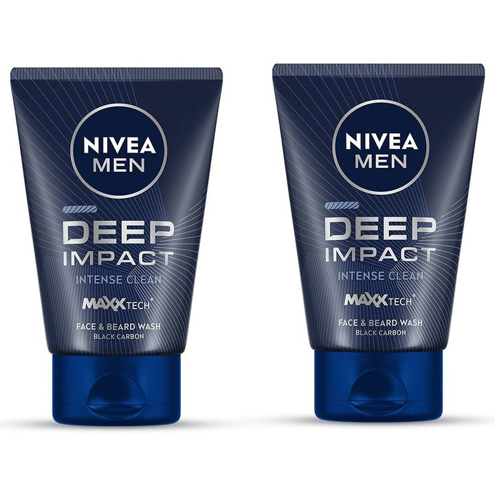 Nivea Men Set Of 2 Deep Impact Intense Clean Face & Beard Wash 100ml Each - Black Carbon