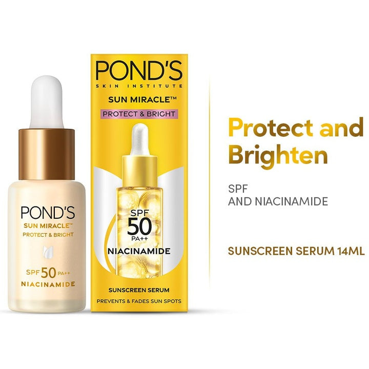 Ponds SPF 50 PA+++ UVA UVB Protect & Brighten Serum Sunscreen with Niacinamide C - 14 ml