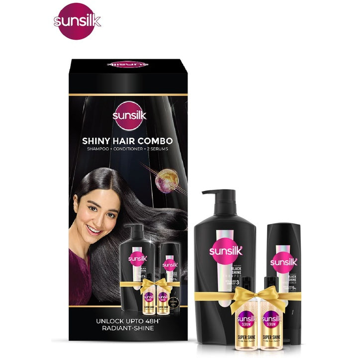Sunsilk Shiny Hair Combo - Radiant Black Shine Shampoo+Conditioner & 2 Super Shine Serum