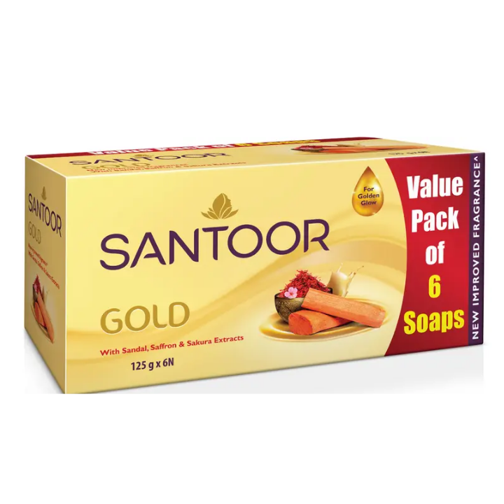 Santoor by Wipro Gold Bathing Bar Soap with Kashmiri Saffron, Sandal & Sakura Extracts  (6 x 125 g)