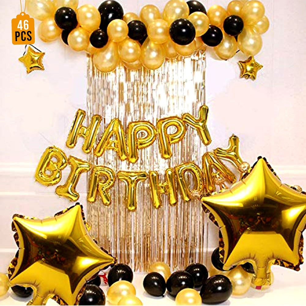 Manovedant Happy Birthday Decoration Kit with Curtains -Gold - 46 U