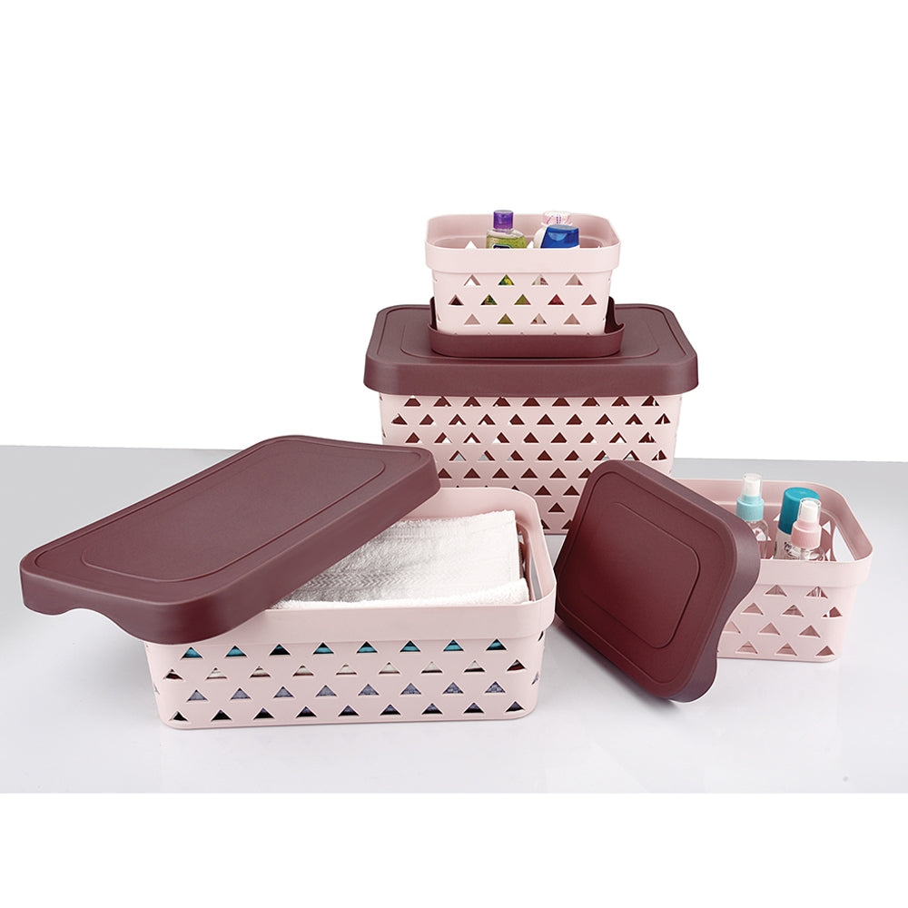 Asian Multi Star Rectangular Basket With Lid - Pastel Pink - 4 U