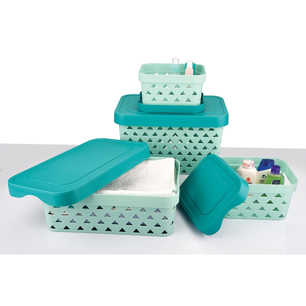 Asian Multi Star Rectangular Basket With Lid - Pastel Blue - 4 U