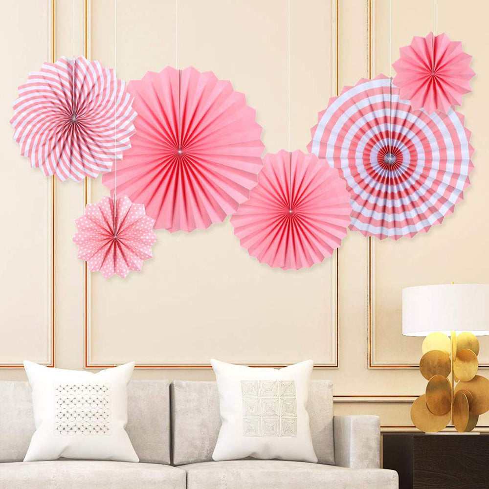 Manovedant Decorative Plain & Printed Paper Fans (Pink) - 6 Pieces - 1 U