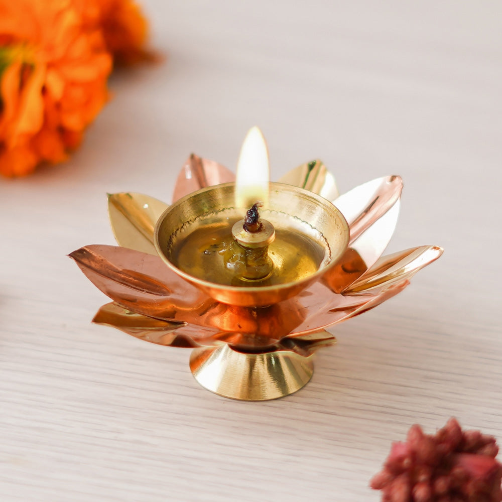 Ecraftindia Lotus Flower Decorative Brass Diya Golden - 1 U