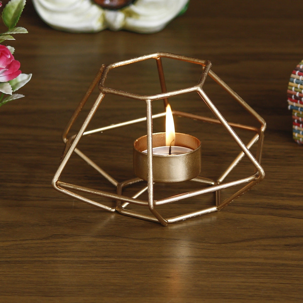 Ecraftindia Handcrafted Metal Tea Light Candle Holder -Golden - 1 U
