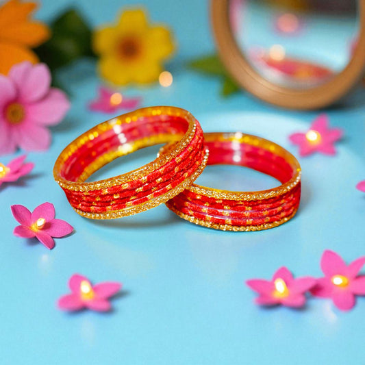 House Of Festival Red & Gold Glass Bangles Set Of 12 - Size 2.2 - 1 Unit