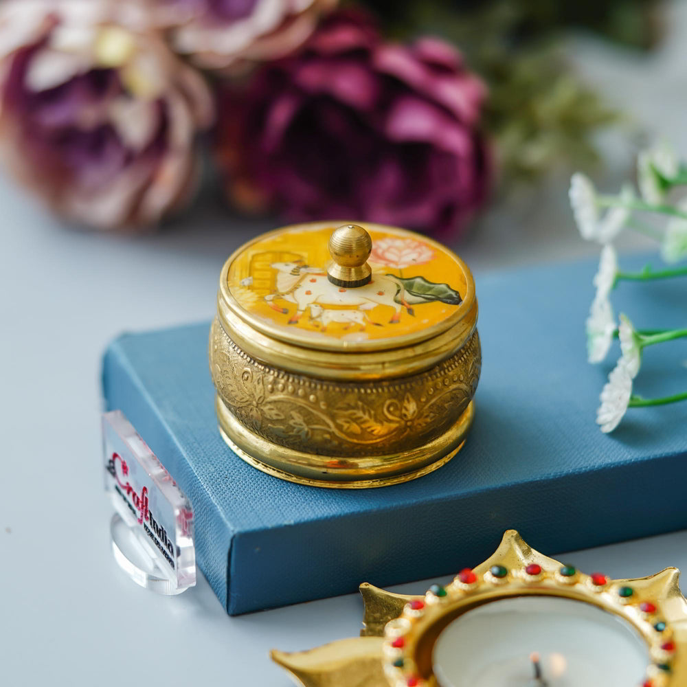 eCraftindia Traditional Brass Pichwai Sindoor Box - Multicolor - 1 U