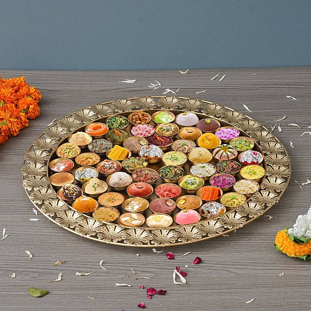 eCraftindia Metal Handcrafted Floral Designer 56 Bhog Thali - Golden - 1 Unit