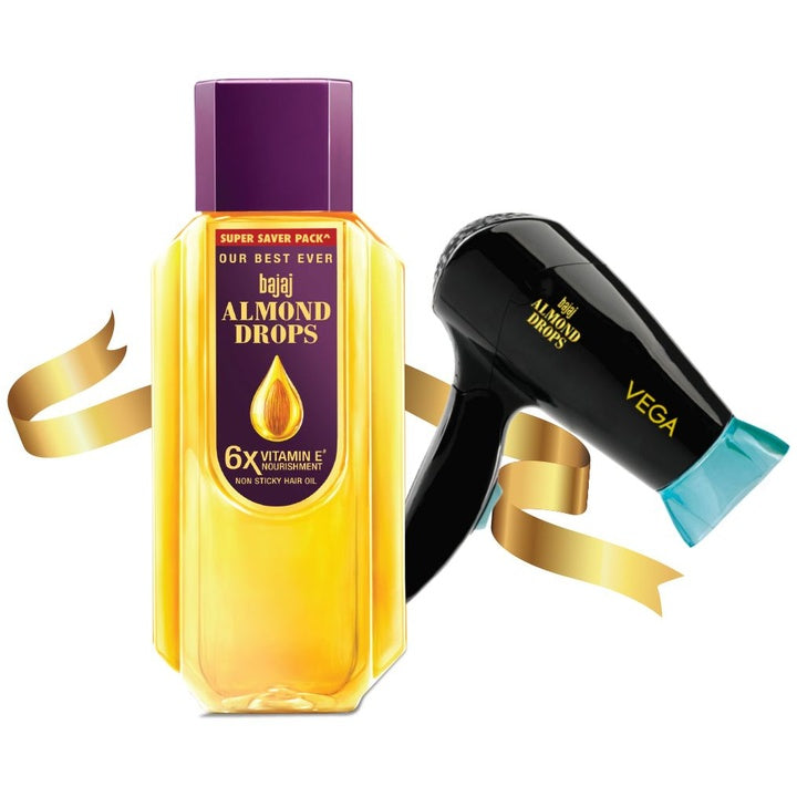 BAJAJ CONSUMER CARE Almond Drops Hair Oil 625 ml & Vega 1000W Hair Dryer