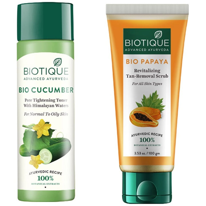 Biotique Set Of Sustainable Bio Cucumber Toner & Bio Papaya Tan-Removal Scrub